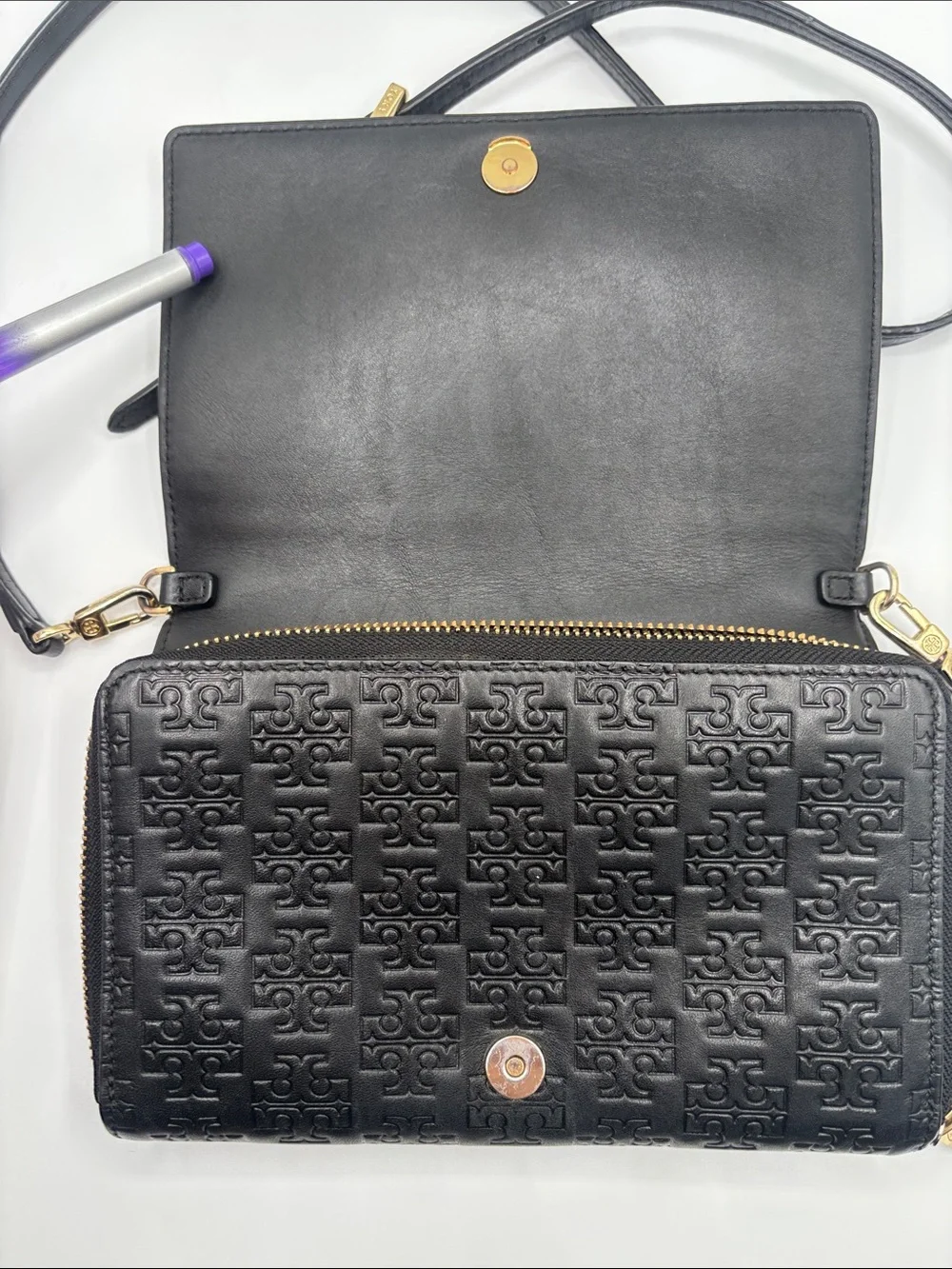Tory Burch Black Embossed Leather Crossbody with Gold Accent